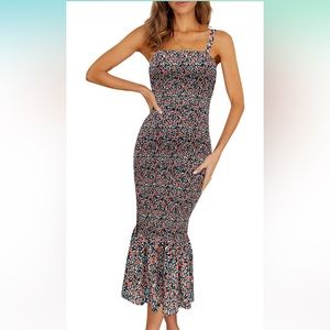 Pretty Garden Black Red Floral Summer Smocked Ruffle Hem Dress Bump Friendly